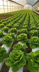 Fototapeta premium Rows of vibrant green cos lettuce thrive in a hydroponic system, bathed in warm sunlight.