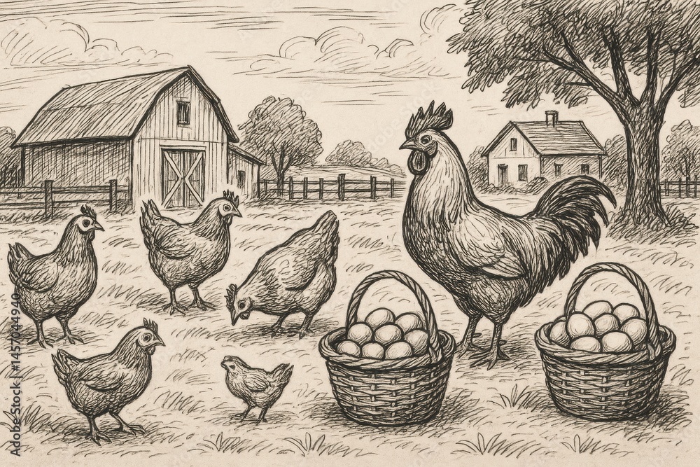 Poster farmyard atmosphere with chickens and a rooster surrounded by baskets of eggs in a rural setting gen