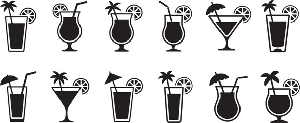 Refreshing Summer Cocktails Icon set vector on transparent background.