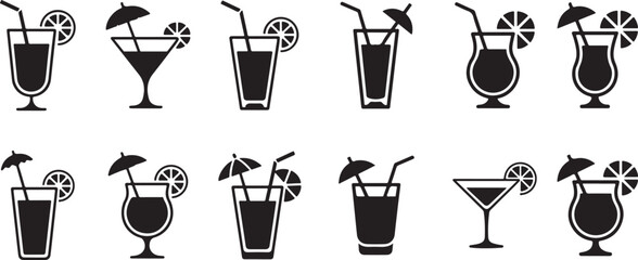 Refreshing Summer Cocktails Icon set vector on transparent background.