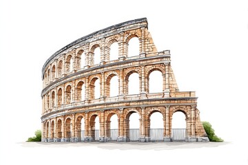 Obraz premium Ancient Roman Amphitheatre Ruins - Watercolor illustration of a partially ruined Roman amphitheatre, showcasing its architectural details against a white background