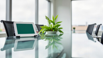 Fototapeta premium Tablet mockup with greenery arrangement in a modern meeting room featuring a glass table and reflections