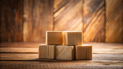 Wooden blocks arranged on rustic surface bathed in warm light