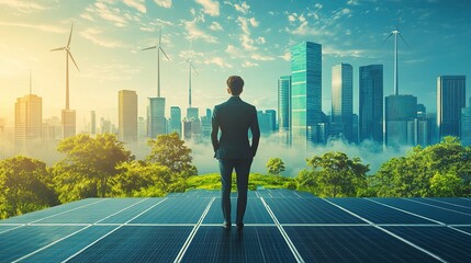 Obraz premium Businessman strategizing bio-economy in modern solar-powered office sustainable electricity eco-friendly professional atmosphere. 