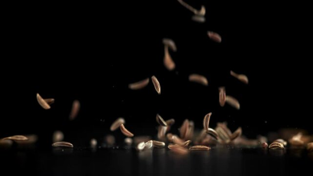 Cumin seeds fall on the table. Filmed on a high-speed camera at 1000 fps. High quality FullHD footage