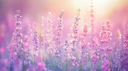 Naklejka premium A beautiful field of lavender flowers bathed in sunlight glows