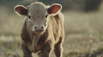 Charming young calf in a field  close up of its sweet face with soft focus in a realistic setting