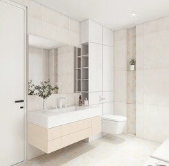 Bright, minimalist bathroom with floating vanity, integrated mirror, built-in shelving, and soft beige tiles. Clean lines and natural light create a serene, spa-like space