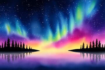 Naklejka premium Aurora Borealis Over Silhouetted Pines - Vibrant aurora borealis display over a calm lake, silhouetted pine trees reflected in the water, creating a serene and magical nightscape