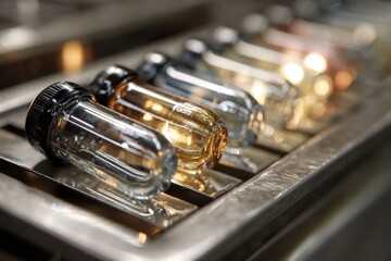 Naklejka premium Close-up of lined up glass bottles with black caps on a shiny metallic surface, containing different golden liquids.