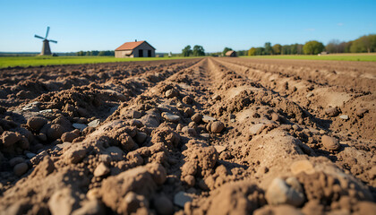 Fototapeta premium Farm landscape with freshly plowed soil, a windmill, and a peaceful rural setting under a clear blue sky