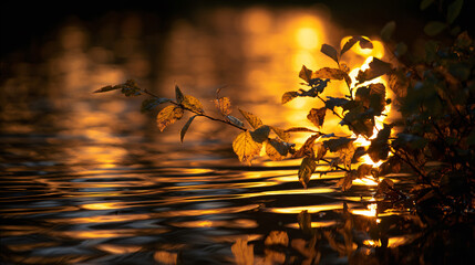 Golden sunset leaves ruminate over water system bathed in warm light.