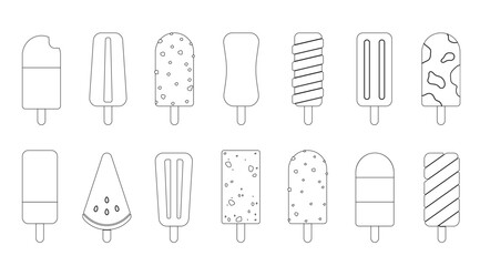 Outline Ice cream vector design set, Coloring cartoon for kids, Cute Dessert pictogram, Dessert Menu outline illustration on White background (Editable)