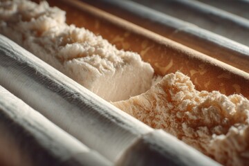 Detailed close-up captures textile manufacturing process, revealing texture of yarn and rollers within machinery, highlighting industry details.