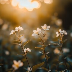 Delicate white flowers growing towards warm sunlight in a garden