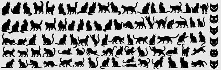 Variety of Cat Silhouettes in Different Poses and Faces