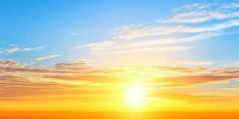 Fototapeta premium Vibrant Sunset Sky with Golden Hues and Fluffy Clouds A Stunning Panorama of a Colorful Sunrise or Sunset Scene Featuring a Bright Sun