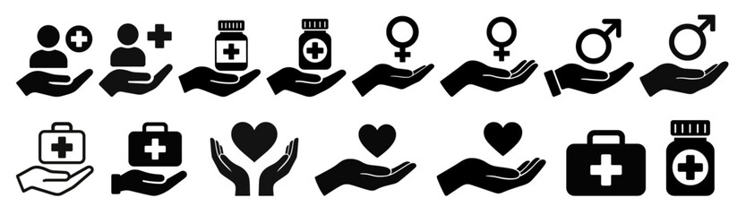 Obraz premium Set of healthcare hand icons with medical, gender, and heart symbols