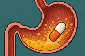 Obraz premium Capsule Dissolving in Stomach Acid Showing Digestive Process and Health Implications in an Abstract Illustration Generative AI