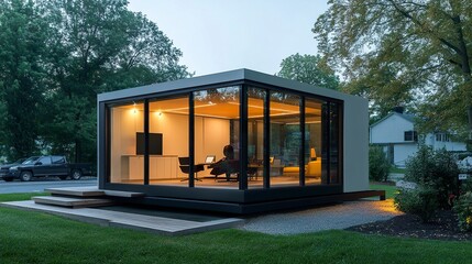 Fototapeta premium Contemporary cube office structure suburban Maryland minimalist design glass panels adjacent parking lot professional setting. 