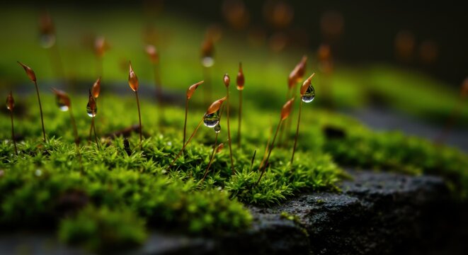 A miniature world of moss, with delicate stalks capped by dewdrops, thriving on a shadowy substrate