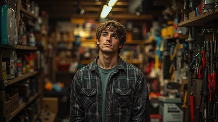 Obraz premium Young caucasian male in plaid shirt exploring a cluttered workshop