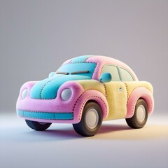 3D Render of Cute Fluffy Toy Car in Pastel Colors 