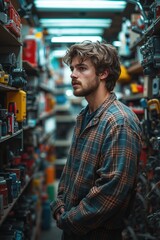 Young caucasian male in plaid shirt browsing a store aisle filled with tools and equipment