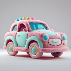 3D Render of Cute Fluffy Toy Car in Pastel Colors with Soft Texture and Smiling Face