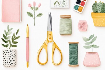 Colorful flat illustration featuring various crafting tools, including scissors, thread spools, plants, and stationery, arranged artistically on a light background for creative inspiration