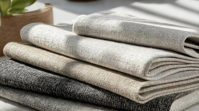 A serene arrangement of folded fabric linens on a table, with soft natural light filtering through