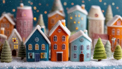 Festive Felt Christmas Village Scene with Snowfall