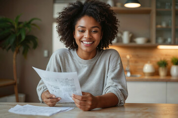 Portrait of happy African American woman reading document with good news from bank sitting at home in modern kitchen. Credit approval