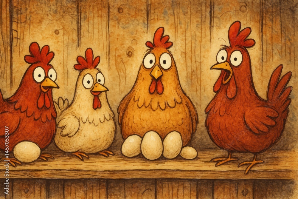 Aufkleber four colorful chickens sitting on a wooden perch with eggs at a farm during daylight hours generativ