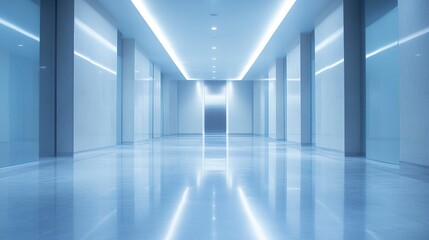 Fototapeta premium Contemporary office building hallway clean lines soft lighting sleek polished surfaces professional and minimal design. 