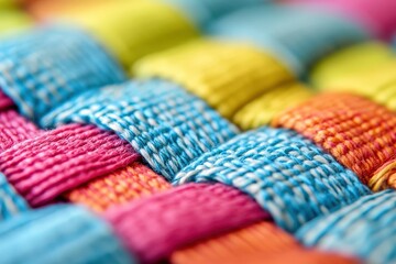 Fototapeta premium Close-up view of colorful woven fabric texture.