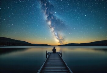 Stargazer sitting on dock at tranquil lake under Milky Way at dusk