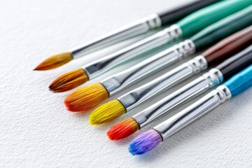 Fototapeta premium Colorful Artist Paint Brushes - Six vibrant paintbrushes arranged on a white surface, showcasing their colorful bristles and metallic handles