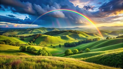 Obraz premium Serene Rolling Hillscape with Vibrant Rainbow Arcing Across Sunset Sky