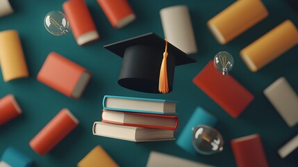 Floating books and graduation cap symbolize academic success and knowledge.