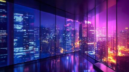 Contemporary office real estate night view bright lights within glass buildings vibrant reflections modern cityscape perspective.  