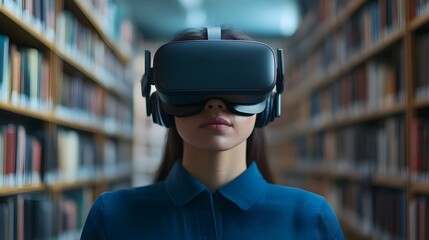 Person using virtual reality headset in a library setting