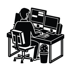 Programmer Silhouette at Desk with Monitors and Coffee