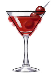 Red cocktail with cherries in martini glass hand drawn watercolor illustration png cut out