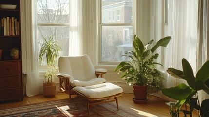 A sunny living room with armchair and house plants