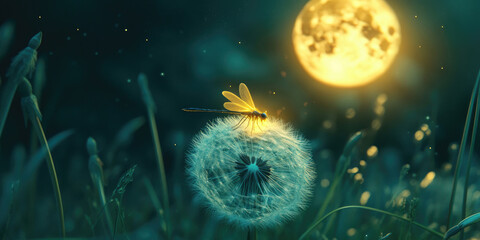 Magical Dandelion Under the Full Moon Fantasy Night Scene