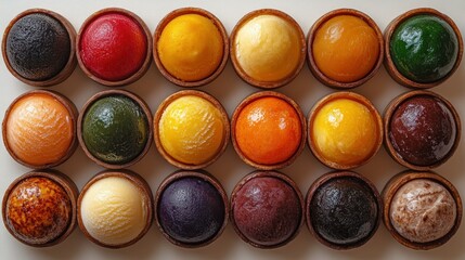 Colorful ice cream spheres in wooden bowls