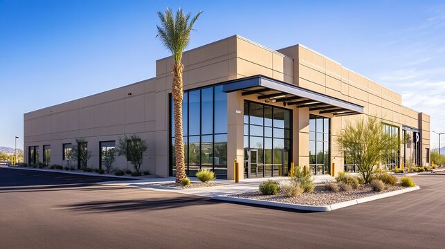 Contemporary warehouse with attached small office unit clean steel exterior spacious entrance professional and functional setting. 