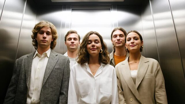 Group of standing young office workers looking at the camera inside an elevator
