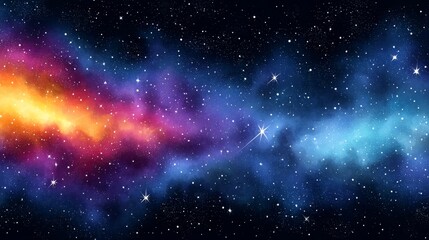 Fototapeta premium Cosmic Nebula Watercolor Panorama - A vibrant cosmic scene, symbolizing infinity, wonder, creation, energy, and mystery. Vast nebulae in a watercolor